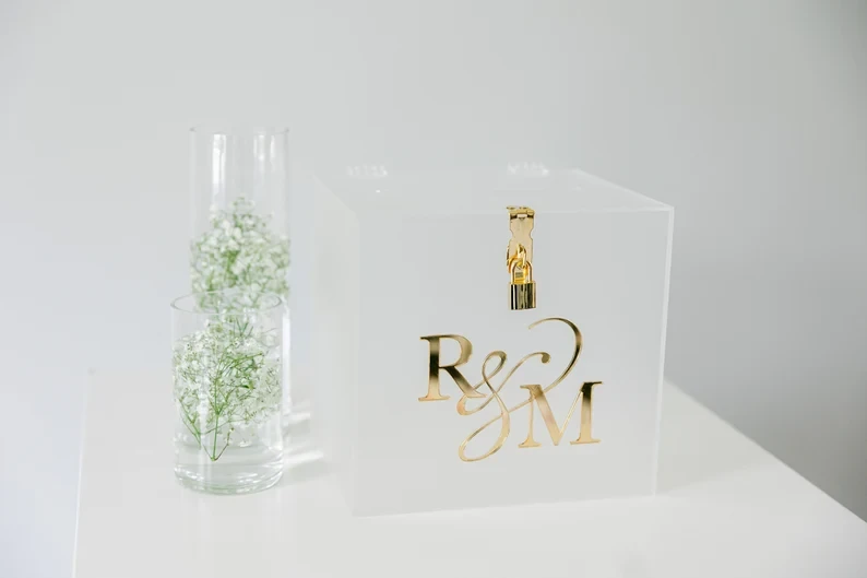 Frosted Acrylic Card Box I Personalized Raised Text Card Box | 3D Pop Out Text | Flat Vinyl Decal | Custom Wedding Card Box | Lock and Key For customization Direct Contact On Whatsaap Size: 10X8.5X9.5