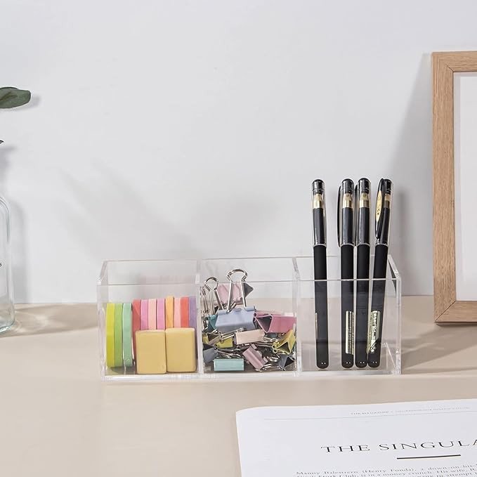 FANASSYY Bathroom Drawer Organizer Makeup Brush Organizer for Dresser Vanity Organizer Makeup Storage Clear Acrylic Storage Stationery Organizer Pen Holder Pencil Holder (6 Compartments Square)