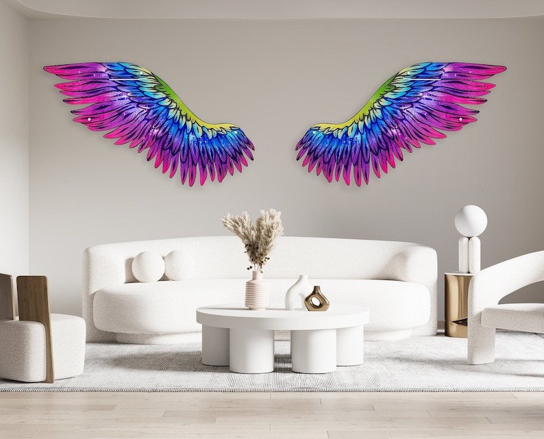 Angel Wings Art, Oversized Multicolor Decor, Acrylic Art, Printed Wall Art, Wall Decor, Wall Sculpture, Unique Gifts, Event Decor Size: 160X36 Inc