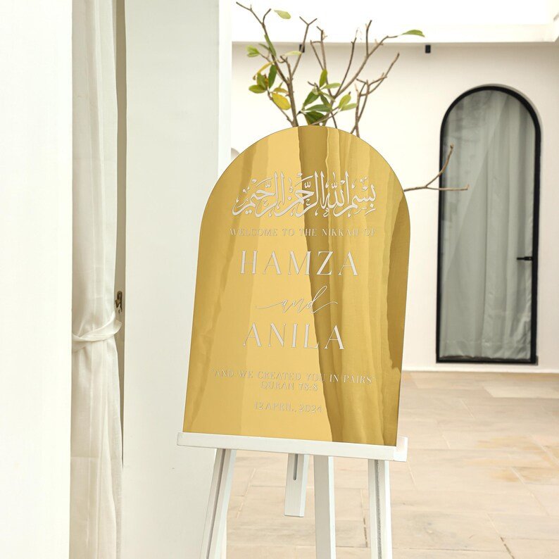Acrylic Nikkah Sign Islamic Welcome Entrance Sign Islamic Wedding Decor, Personalized Wedding Sign, Gold Welcome Sign with Bismillah Writing For customization Direct Contact On Whatsaap
