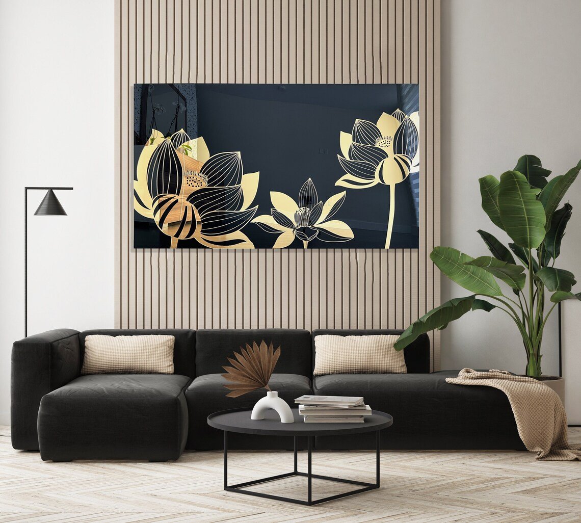 Black and Gold Extra Large Mirrored Acrylic Wall Art / Made In USA / Luxury Gift / Wall Decor / Modern Art / Lotus Flower Size: 55X31