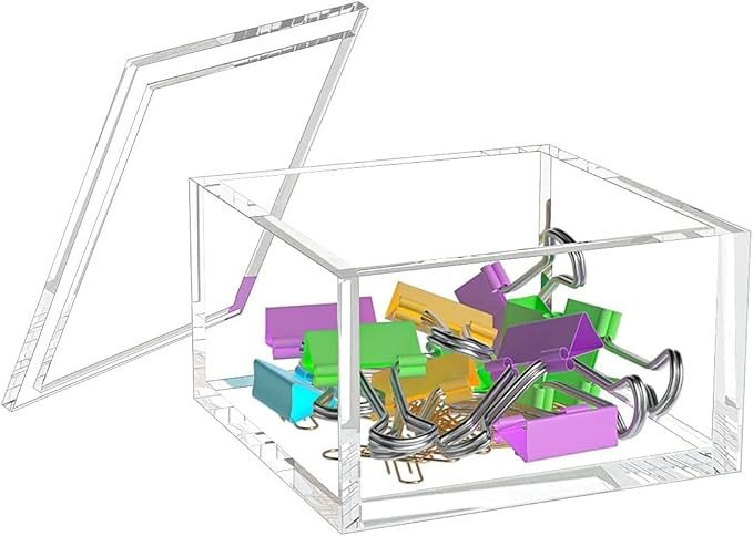 FANASSYY Small Acrylic Box with Lid, Clear Display Case, Multi-Purpose Box Square for Holding Staples Highlighters, Adhesive Tape, Paper Clips, Stamps, Display in Office or Home (Small)