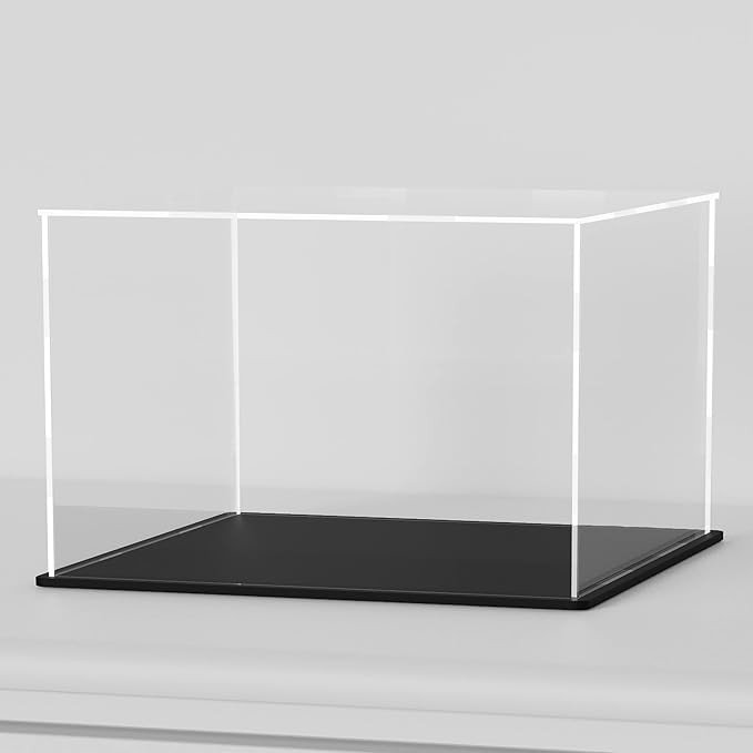 HOPEME 12 Inch Clear Acrylic Display Case, Cube Acrylic Box for Collectibles Showcase, Plexiglass Case with Matt Black Stand for Toys, Arts and Figures