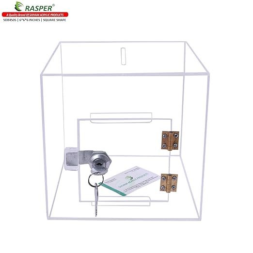 Rasper Transparent Acrylic Donation Box Daan Patra Visiting Card Drop Box Ballot Box (Small Size 6x6x6 Inches, Square Shape) with Lock Facility