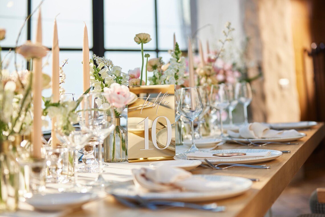 Gold Mirror Table Numbers - Wedding Table Signs - Wedding Table Decor - Table Numbers with Stands - Wedding Party Decor - Reception Signage